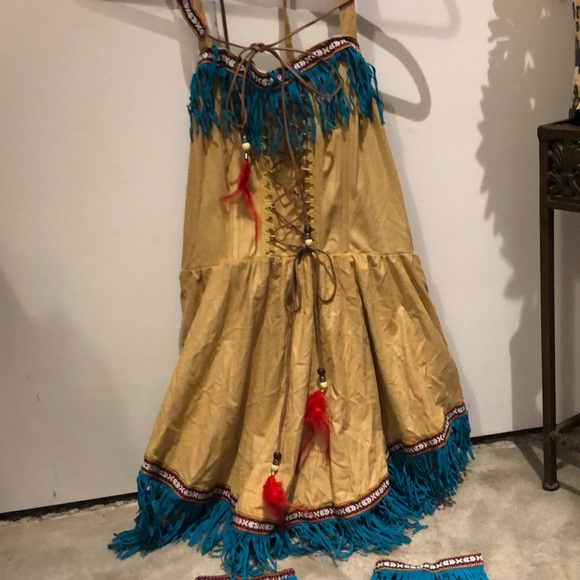 Buckskin costume - comes with belt trimmed w feather and beads. Fringed armbands - Picture 2 of 3